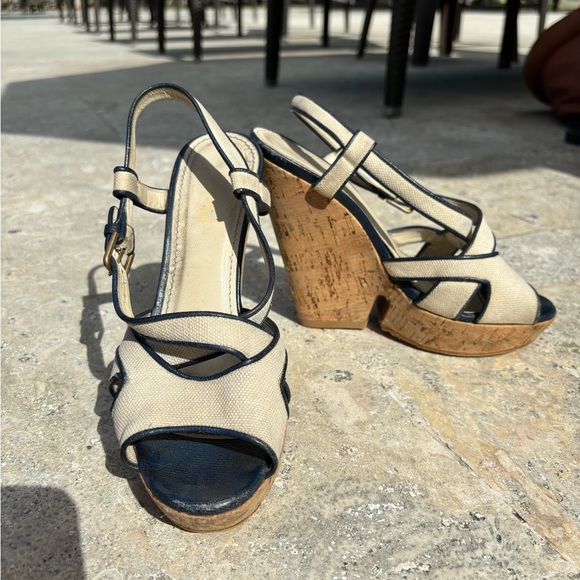 YSL Yves Saint Laurent DEAUVILLE Wedge Cork Canvas Slingback Sandals, size 38 - Picture 7 of 14